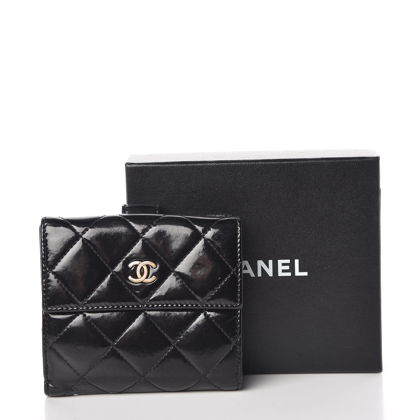 Patent Quilted Compact French Flap Wallet Black
