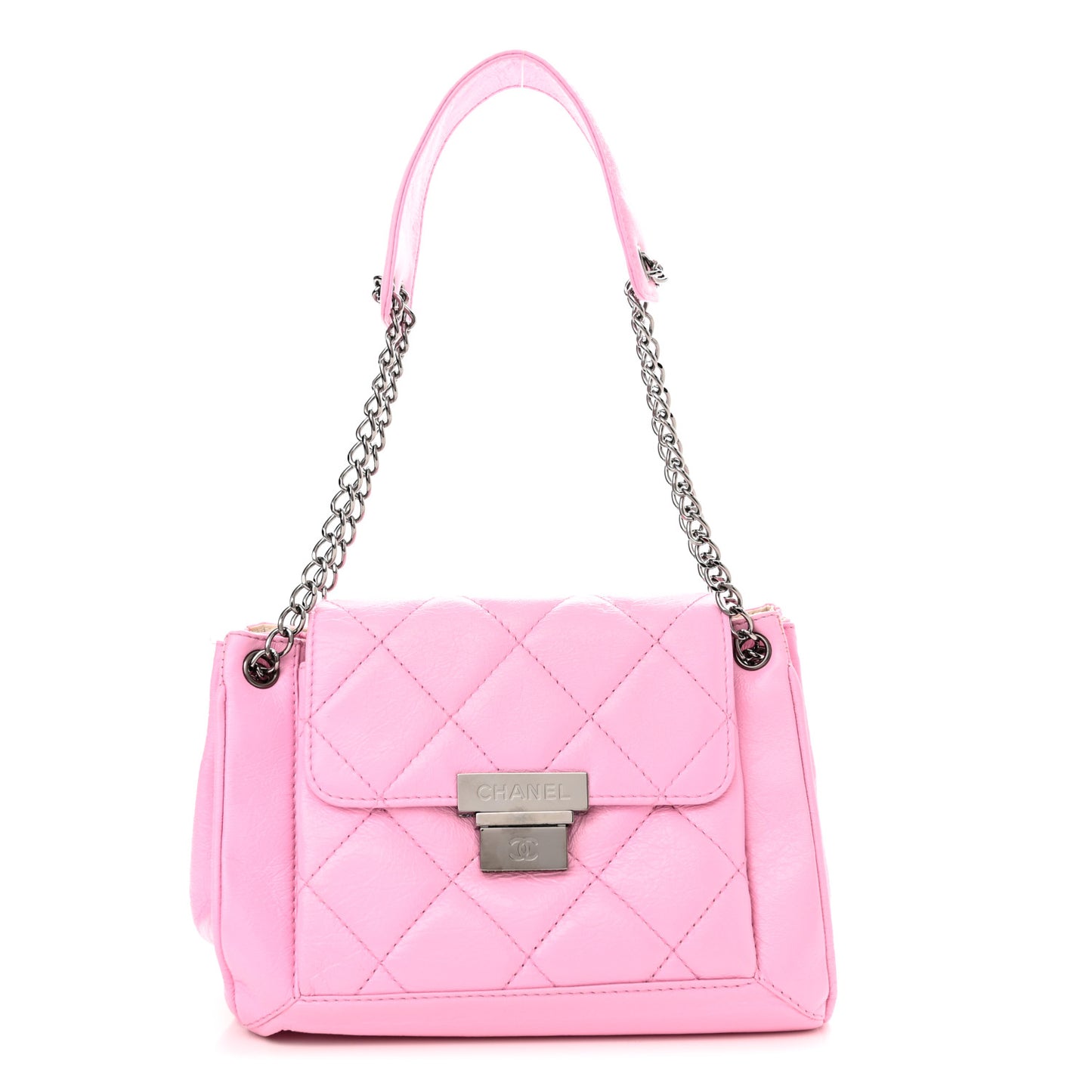 Glazed Calfskin Quilted Accordion Flap Pink