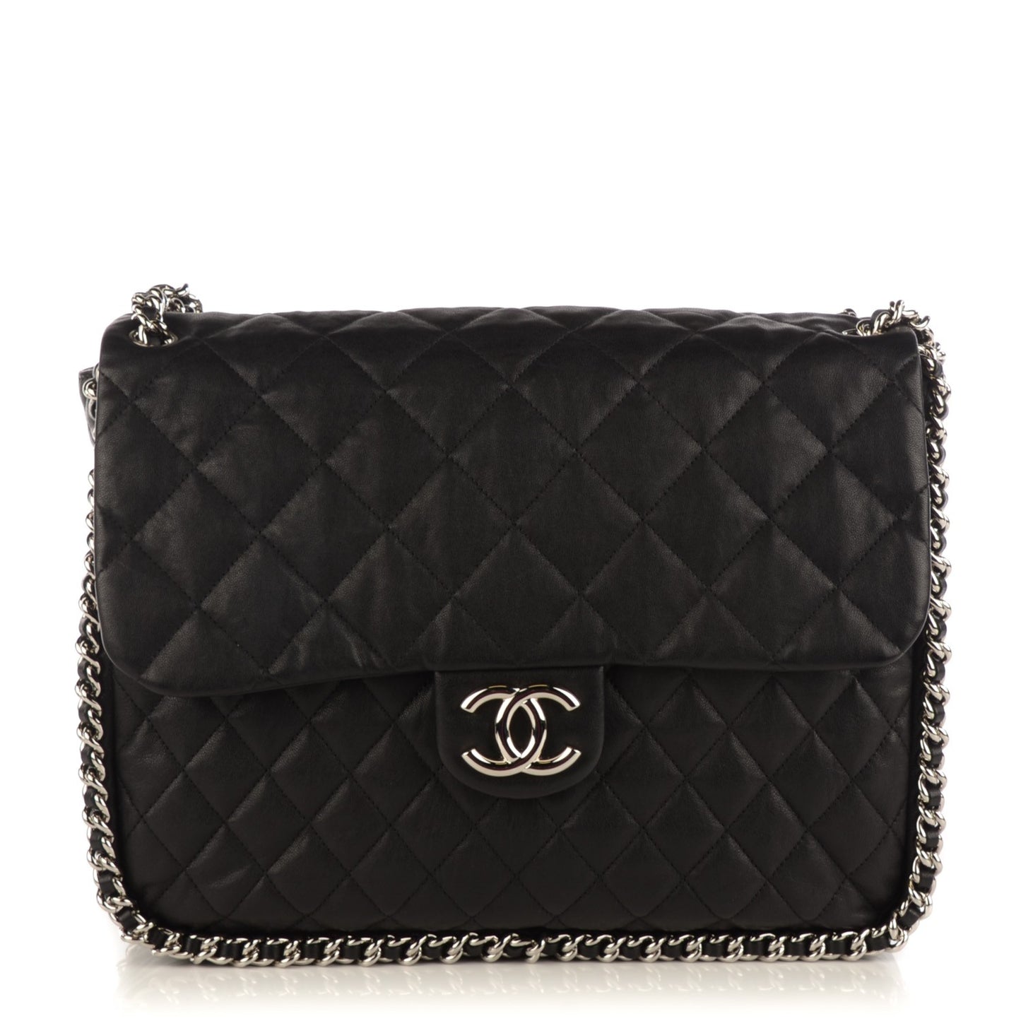 Washed Lambskin Quilted Maxi Chain Around Flap Black