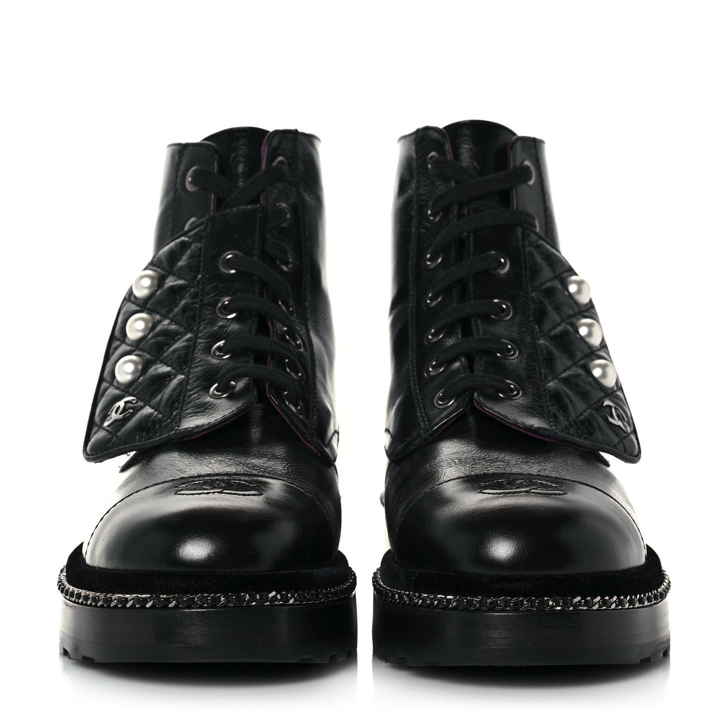 Crackled Calfskin Velvet Pearl Combat Short Boots 39 Black