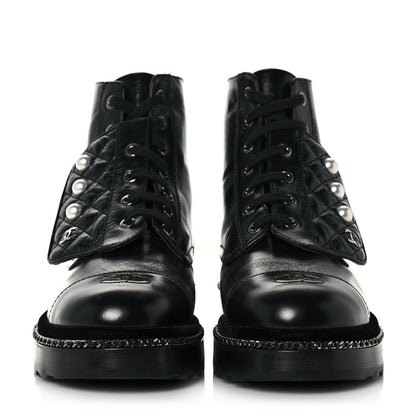 Chanel Crackled Calfskin Velvet Pearl Combat Short Boots 39 Black 2 of 6