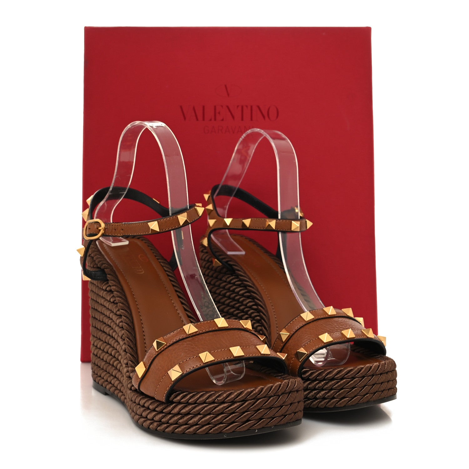 Valentino Garavani Calfskin Rockstud Torchon Espadrille 25/115mm Wedge Sandals 39 Cuoio 10 of 10