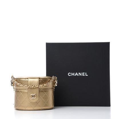 Chanel Metallic Lambskin Quilted Round Mini Vanity Case With Chain Gold 11 of 11
