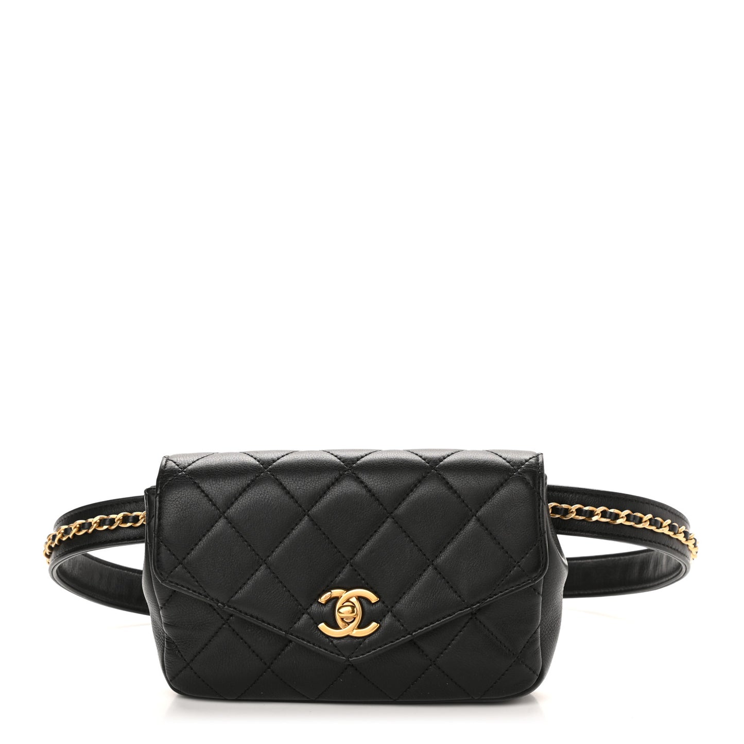 Lambskin Quilted Flap Waist Belt Bag Black