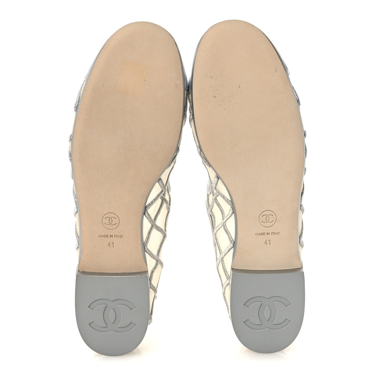 Chanel Laminated Lambskin Mesh Embroidered Quilted Mary Jane Cap Toe Flats  41 Silvered 6 of 9