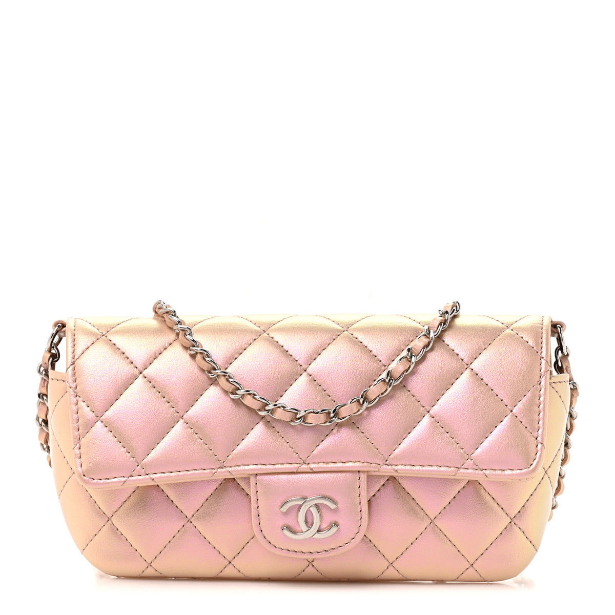 Iridescent Calfskin Quilted Glasses Case With Chain Pink