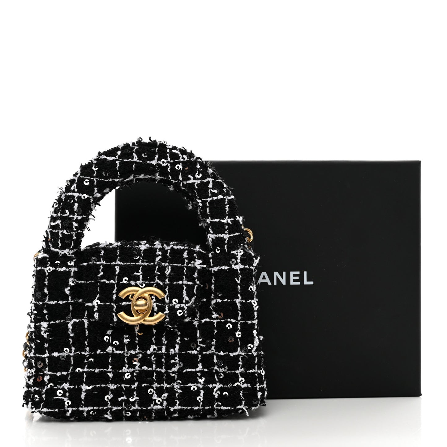 Tweed Quilted Mini Nano Kelly Shopper Black White