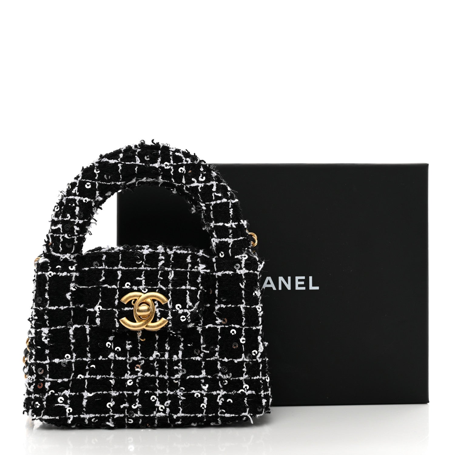 Chanel Tweed Quilted Mini Nano Kelly Shopper Black White 11 of 11