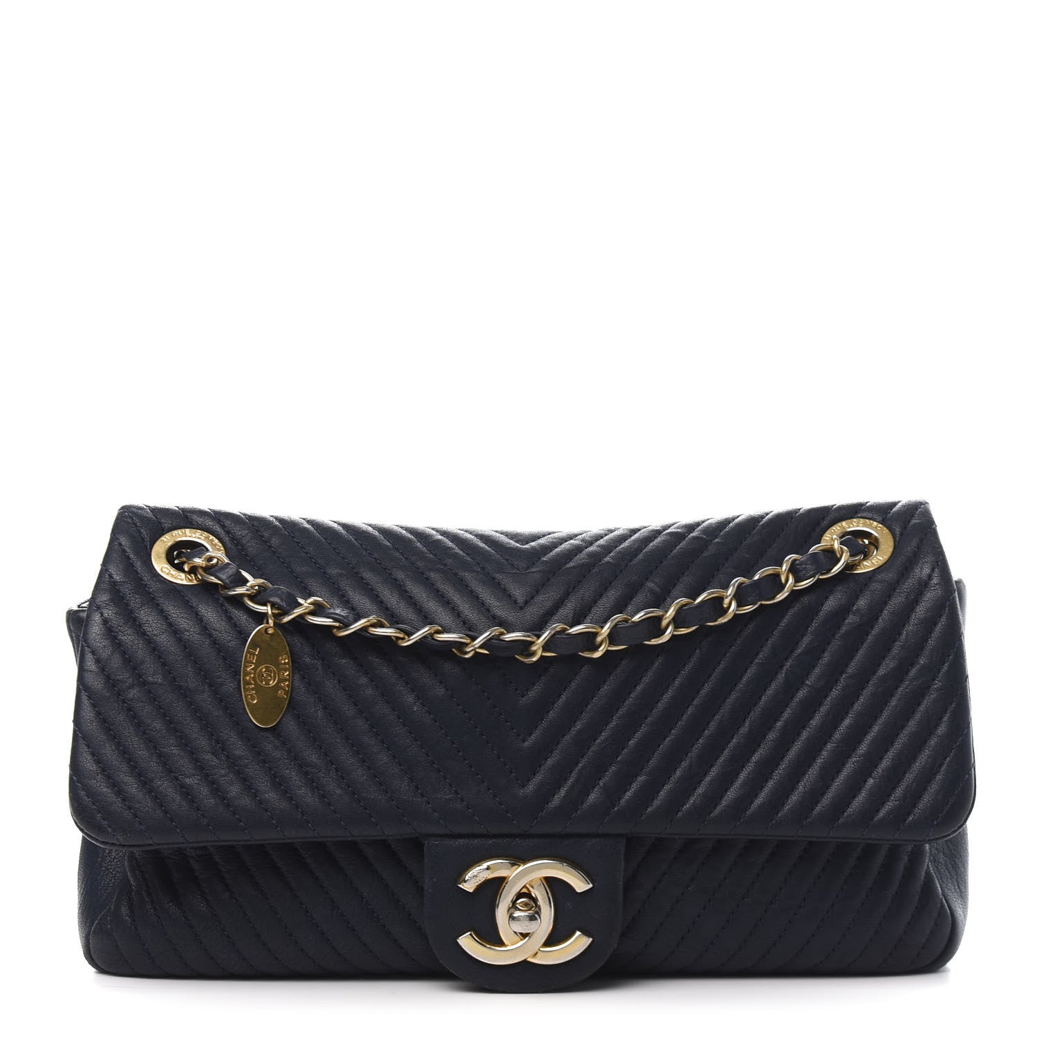 Chanel Calfskin Surpique Chevron Medium Flap Navy 1 of 12