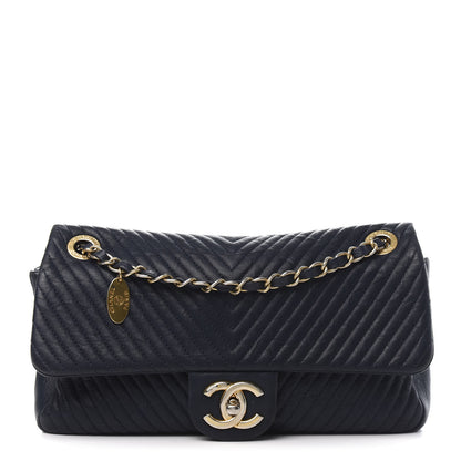 Chanel Calfskin Surpique Chevron Medium Flap Navy 1 of 12