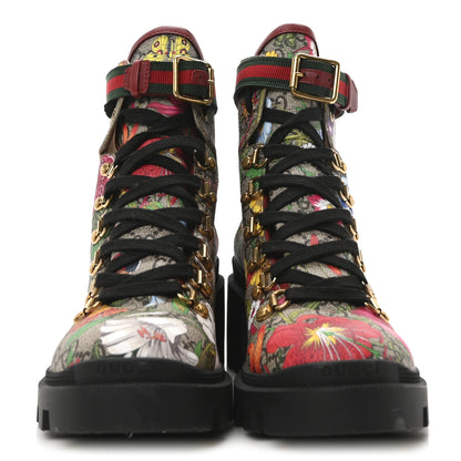 Gucci GG Supreme Monogram Flora Lace Up Combat Ankle Boots 37.5 Beige Multicolor Red 6 of 18