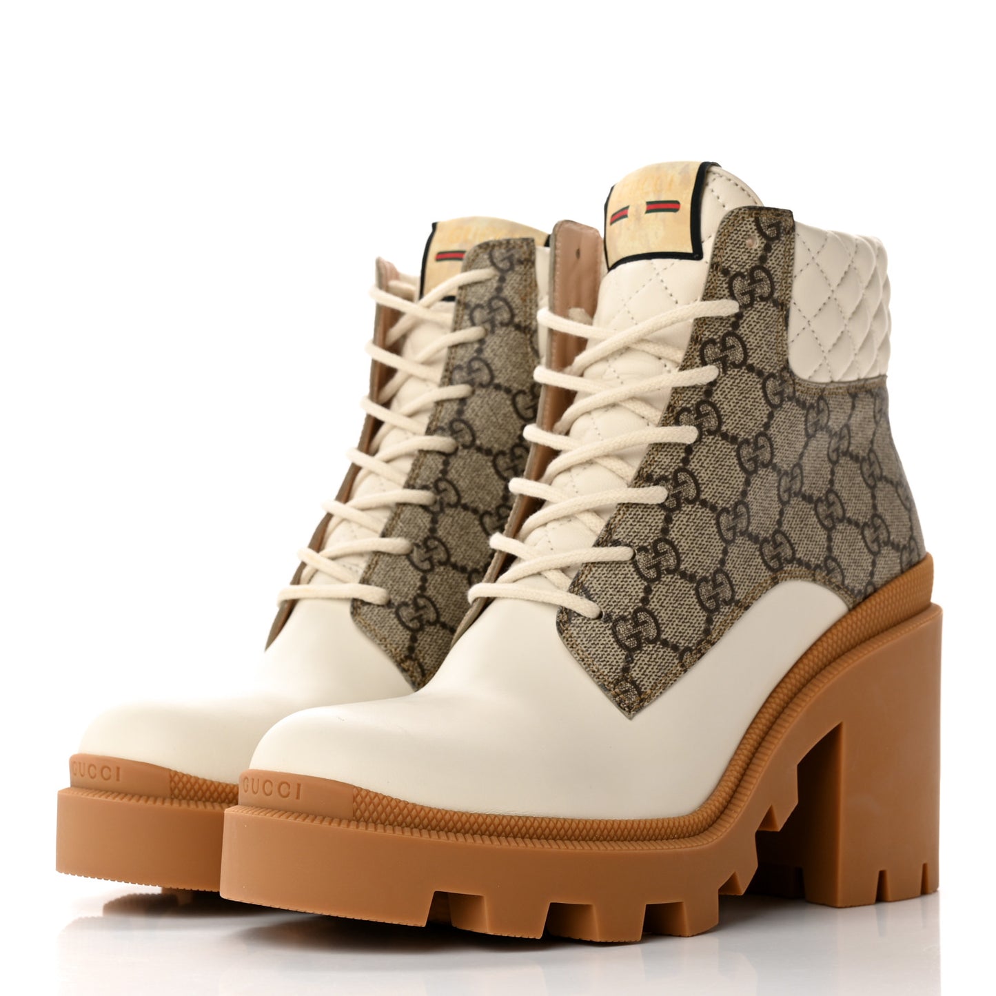 Calfskin GG Supreme Monogram Nappa Quilted Lace Up Ankle Boots 40.5 Mystic White Beige