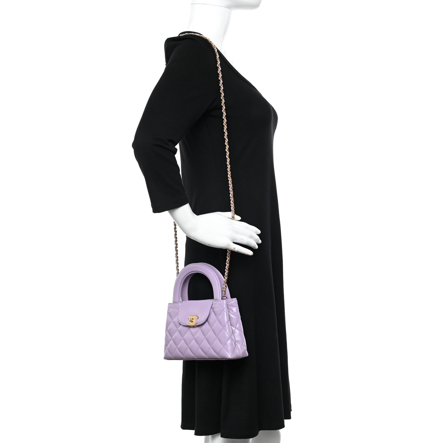 Shiny Aged Calfskin Quilted Nano Kelly Shopper Lilac