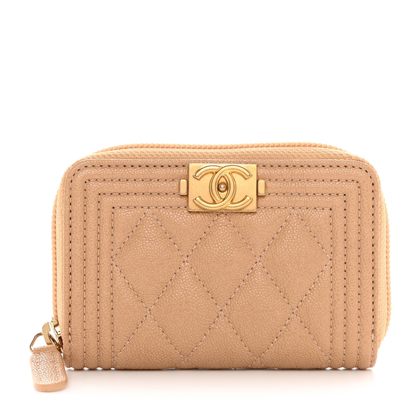 Caviar Quilted Boy Zip Around Coin Purse Wallet Beige