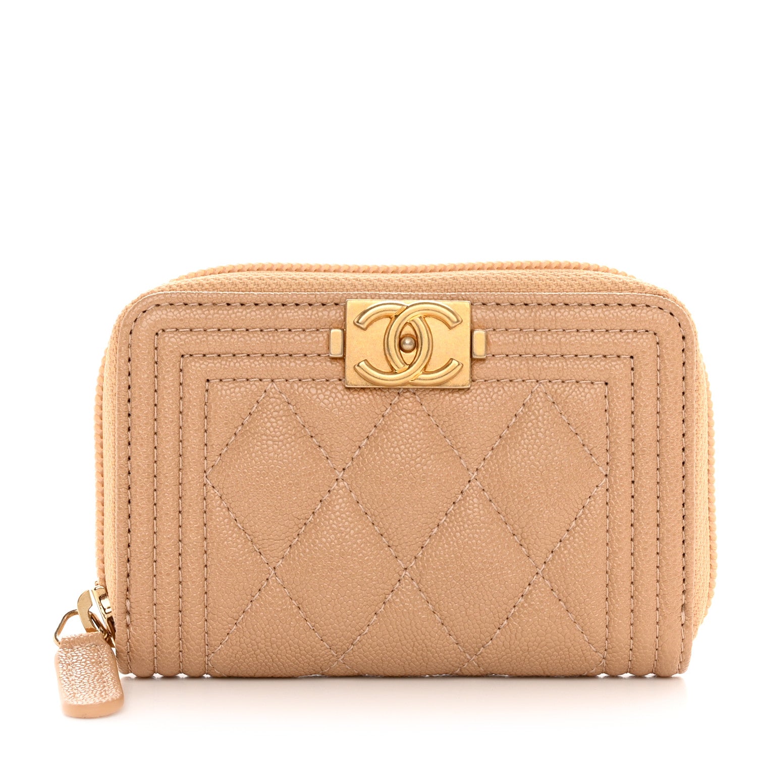 Chanel Caviar Quilted Boy Zip Around Coin Purse Wallet Beige 1 of 7