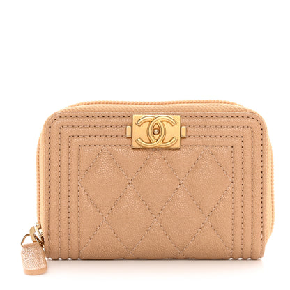 Chanel Caviar Quilted Boy Zip Around Coin Purse Wallet Beige 1 of 7