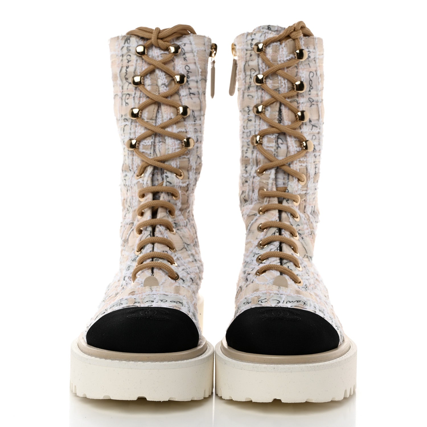Chanel Tweed Grosgrain Cap Toe Lace Up Combat Boots 38 Multicolor 2 of 8