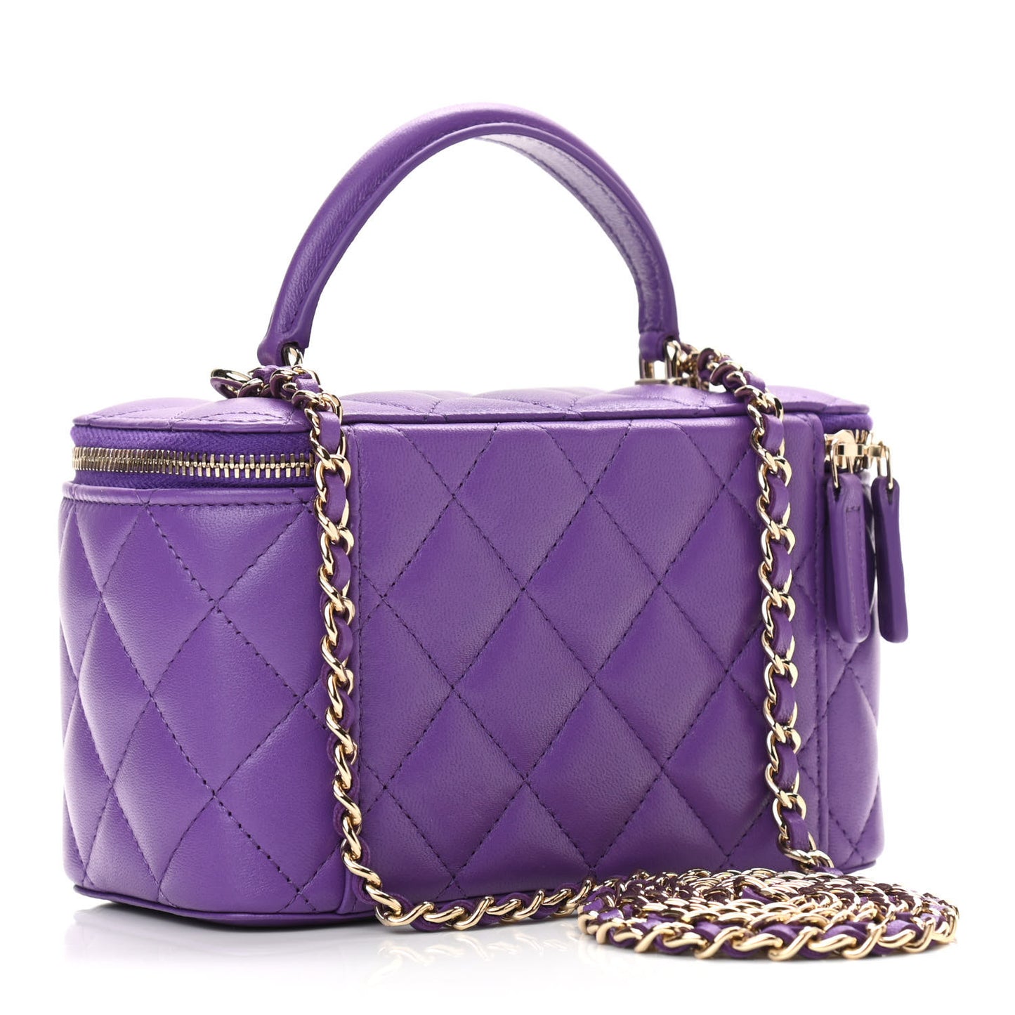 Lambskin Quilted Small Top Handle Vanity Case With Chain Purple