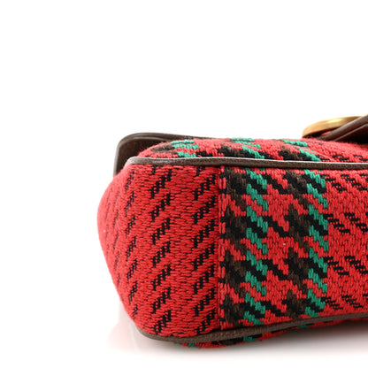 Gucci Wool Tweed Textured Dollar Calfskin Matelasse Diagonal Plaid Small GG Marmont Shoulder Bag Red Green Multicolor New Acero 9 of 11