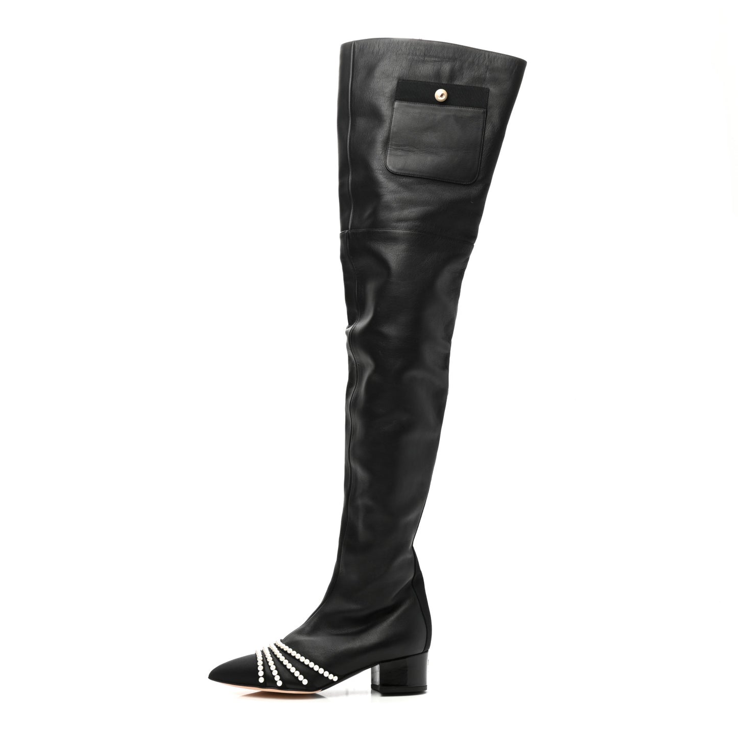 Lambskin Grosgrain Pearl Cap Toe High Boots 36 Black