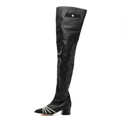 Chanel Lambskin Grosgrain Pearl Cap Toe High Boots 36 Black 1 of 8