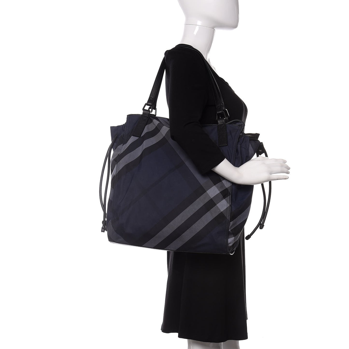 Nylon Check Small Buckleigh Packable Tote Navy Blue