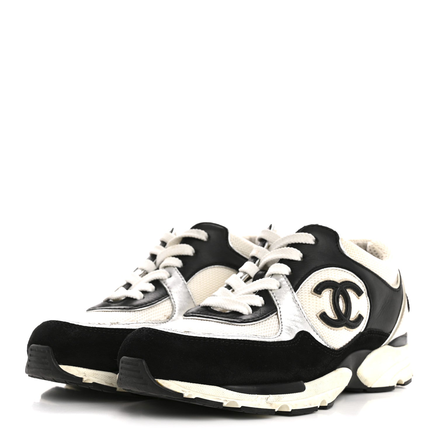 Chanel Mesh Suede Calfskin Grained Calfskin Womens CC Sneakers 35 Black White Silver 4 of 12