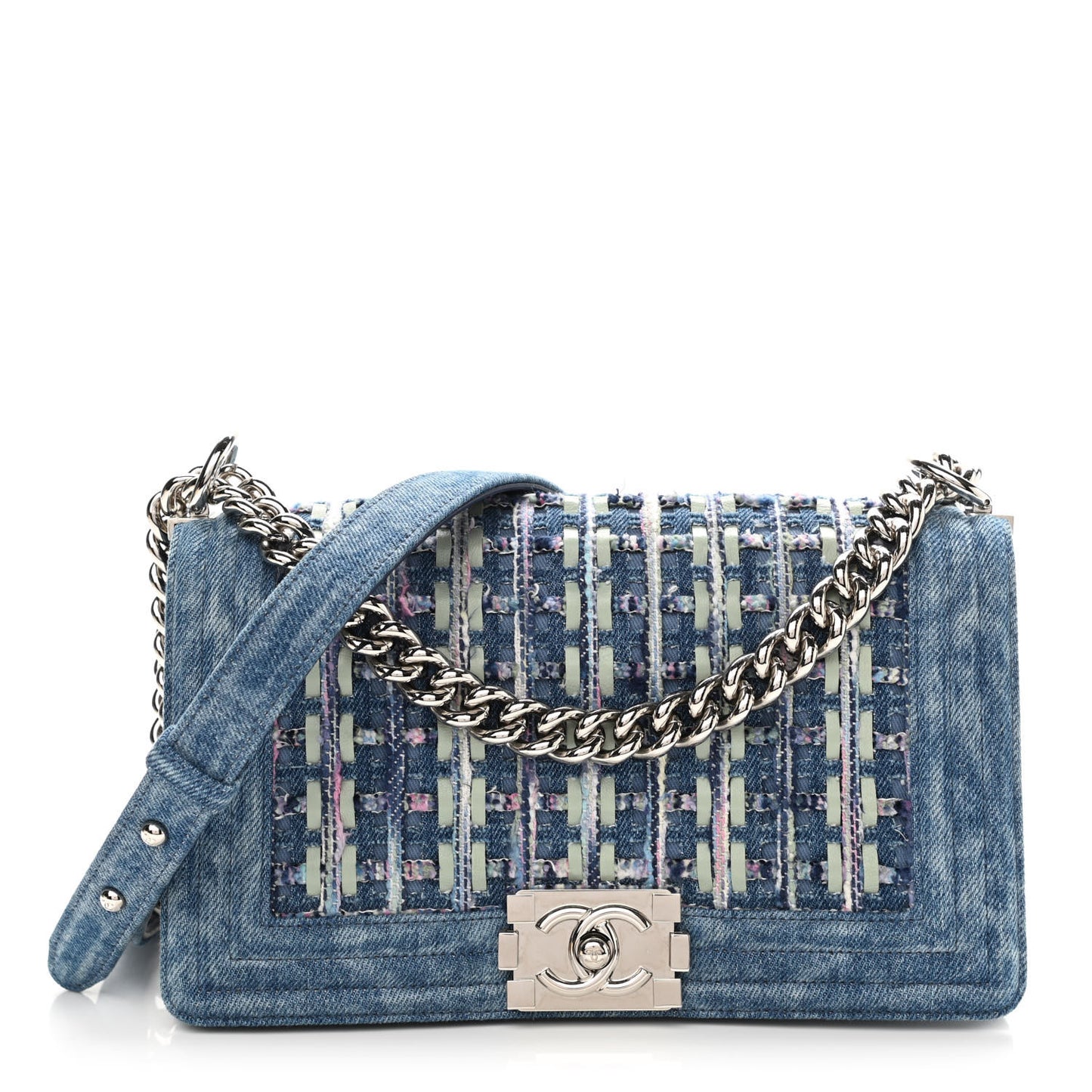 Cotton Tweed Denim Medium Boy Flap Light Green Light Blue