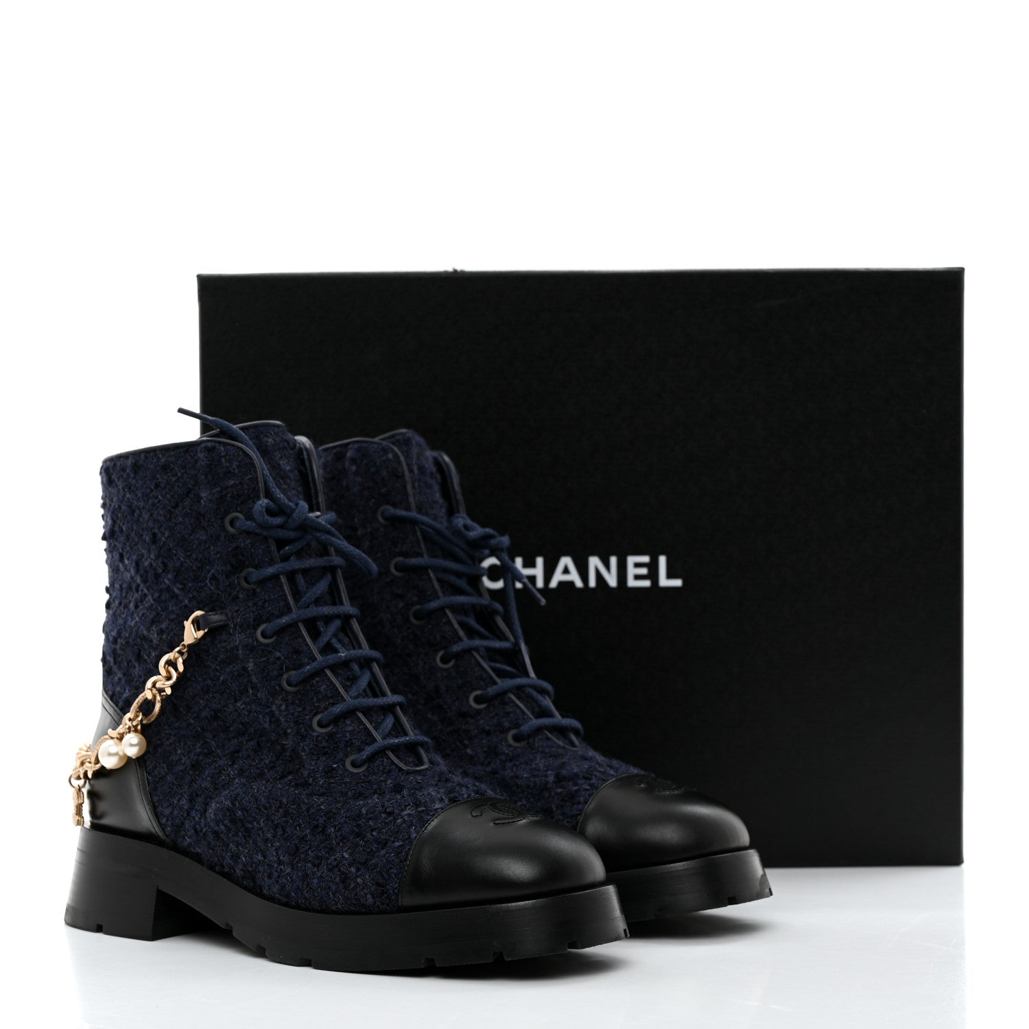 Chanel Wool Tweed Calfskin Chain Lace Up Combat Boots 39.5 Navy Blue Black 9 of 9