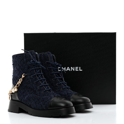 Chanel Wool Tweed Calfskin Chain Lace Up Combat Boots 39.5 Navy Blue Black 9 of 9