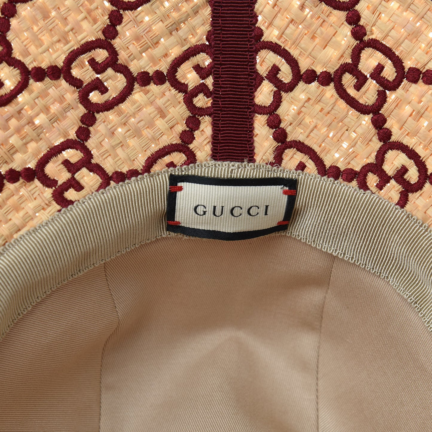 Raffia Elaphe GG Monogram Embroidered Wide Brim Hat Ivory Bordeaux