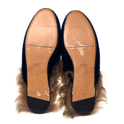 Gucci Velvet Fur Womens Princetown Slippers 38 Cobalt Blue 5 of 7