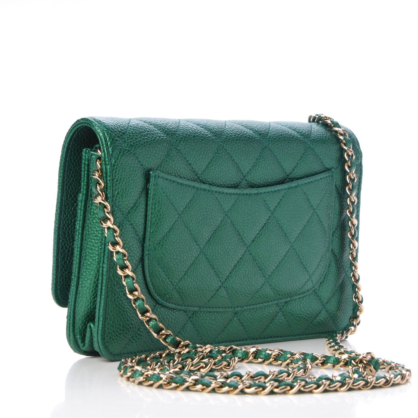 Metallic Caviar Quilted Wallet On Chain WOC Green