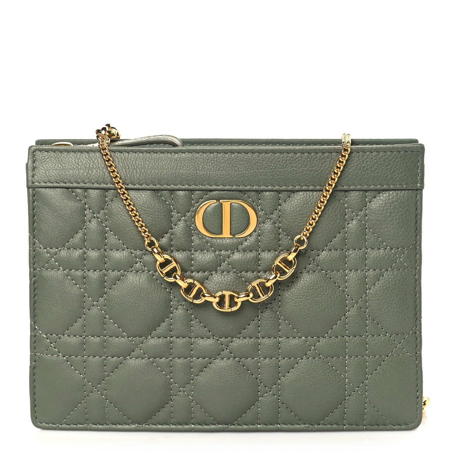 Christian Dior Calfskin Cannage Caro Zipped Pouch With Chain Cedar Green 1 of 10