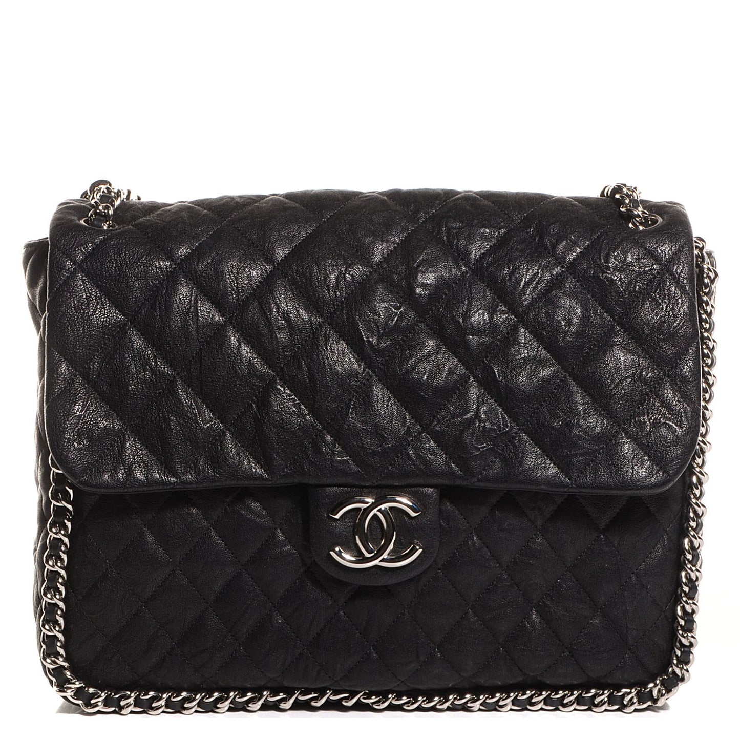 Crumpled Lambskin Chain Around Maxi Flap Bag Black