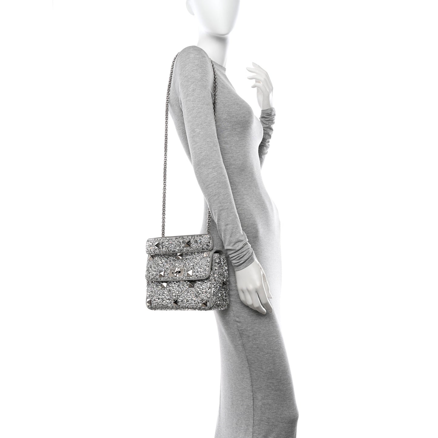 Crystal Suede Enamel Medium Roman Stud Shoulder Bag Silver
