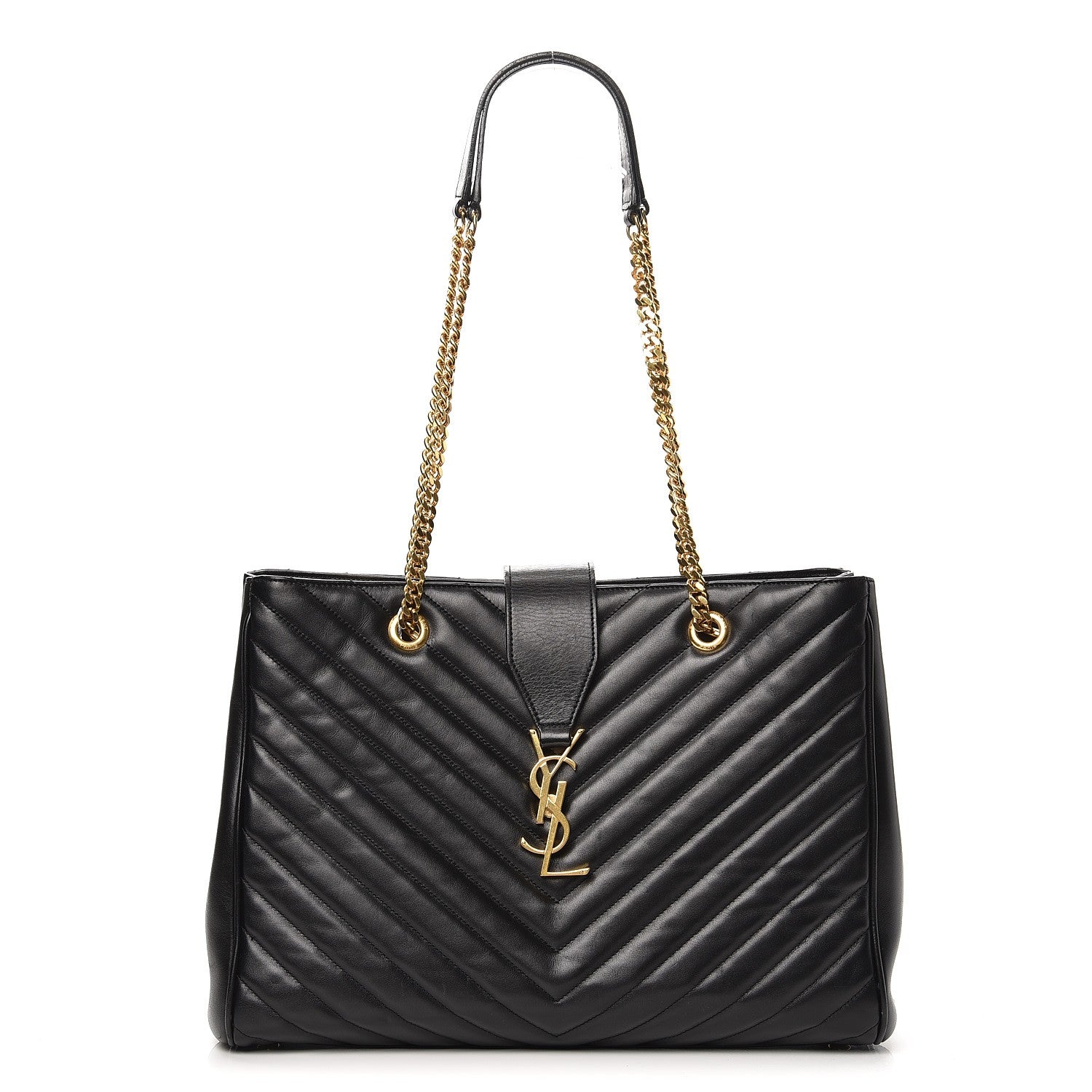 Saint Laurent Lambskin Matelasse Chevron Monogram Shopping Bag Black 1 of 9