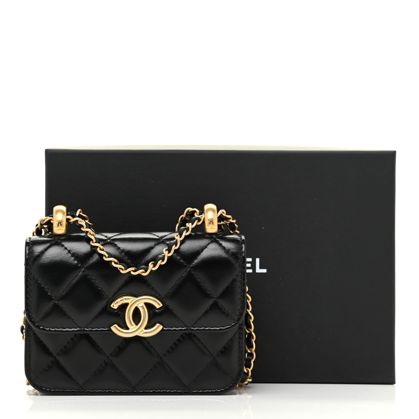 Calfskin Quilted Perfect Fit Coin Purse With Chain Black