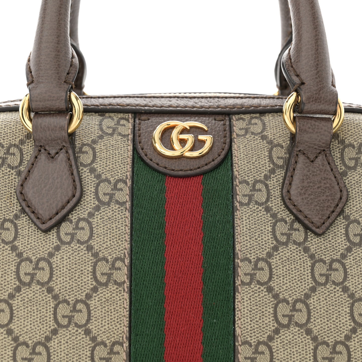 GG Supreme Monogram Textured Dollar Calfskin Web Mini Ophidia Top Handle Bag Beige Ebony New Acero
