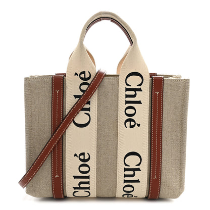 Chloe Cotton Calfskin Small Woody Ribbon Tote With Strap White Brown 1 of 12