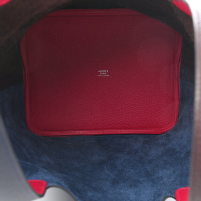 Hermes Taurillon Clemence Casaque Picotin Lock 22 MM Bleu Nuit Framboise Rouge Sellier 5 of 9