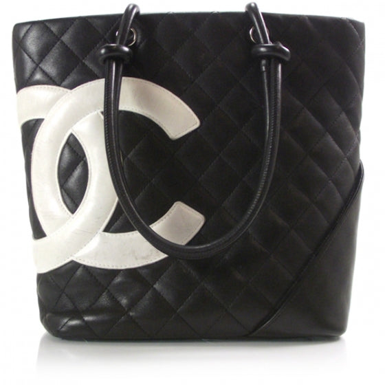 Calfskin Quilted Medium Cambon Tote Black White