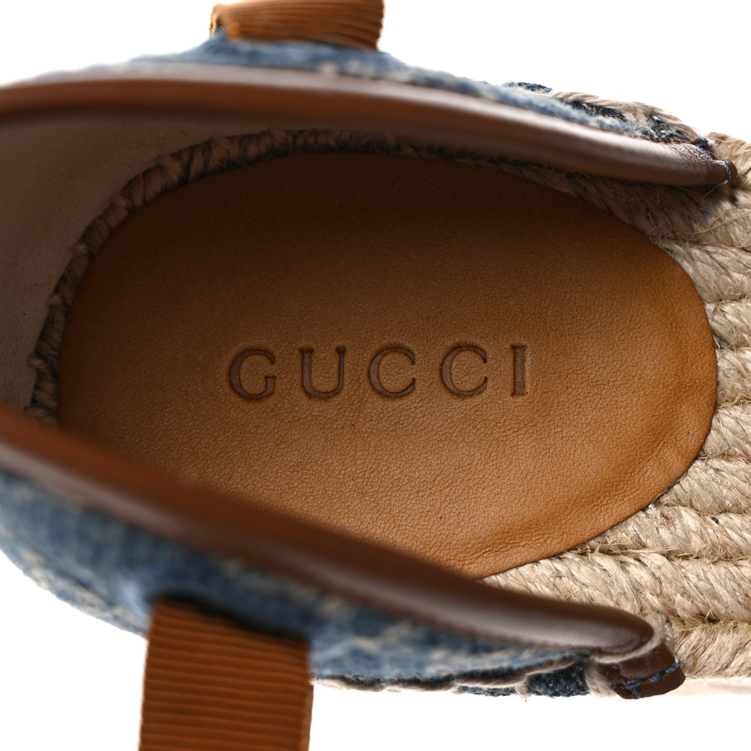 Gucci New Denim GG Monogram Ankle Wrap Espadrille Wedge Sandals 38.5 Blue Tea Cuir Epilog 7 of 8