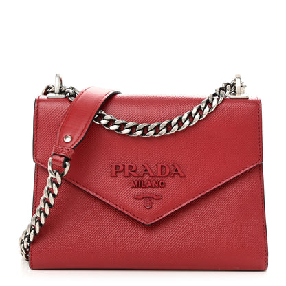 Prada Saffiano Cuir Calfskin Monochrome Envelope Flap Chain Shoulder Bag Fuoco 1 of 9