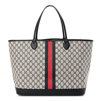 Gucci GG Supreme Monogram Textured Dollar Calfskin Web Large Ophidia Tote Beige Blue 1 of 10