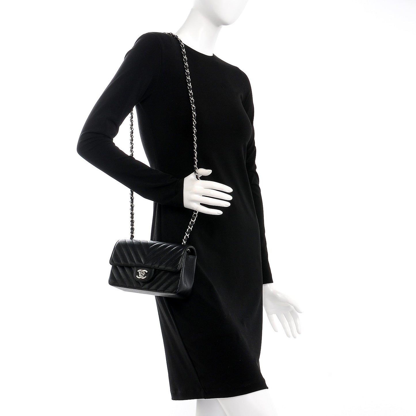 Caviar Chevron Quilted Mini Rectangular Flap Black