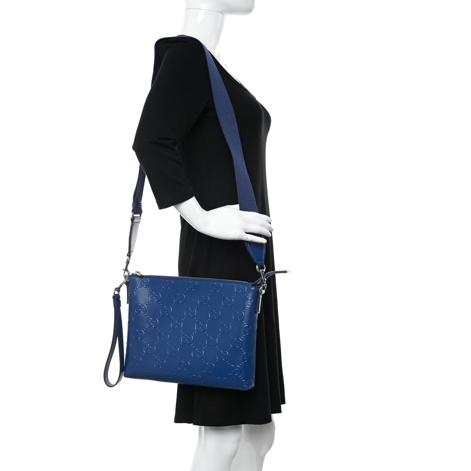 Gucci Calfskin GG Tennis Embossed Medium Wristlet Messenger Bag Intense Metal Blue 2 of 11