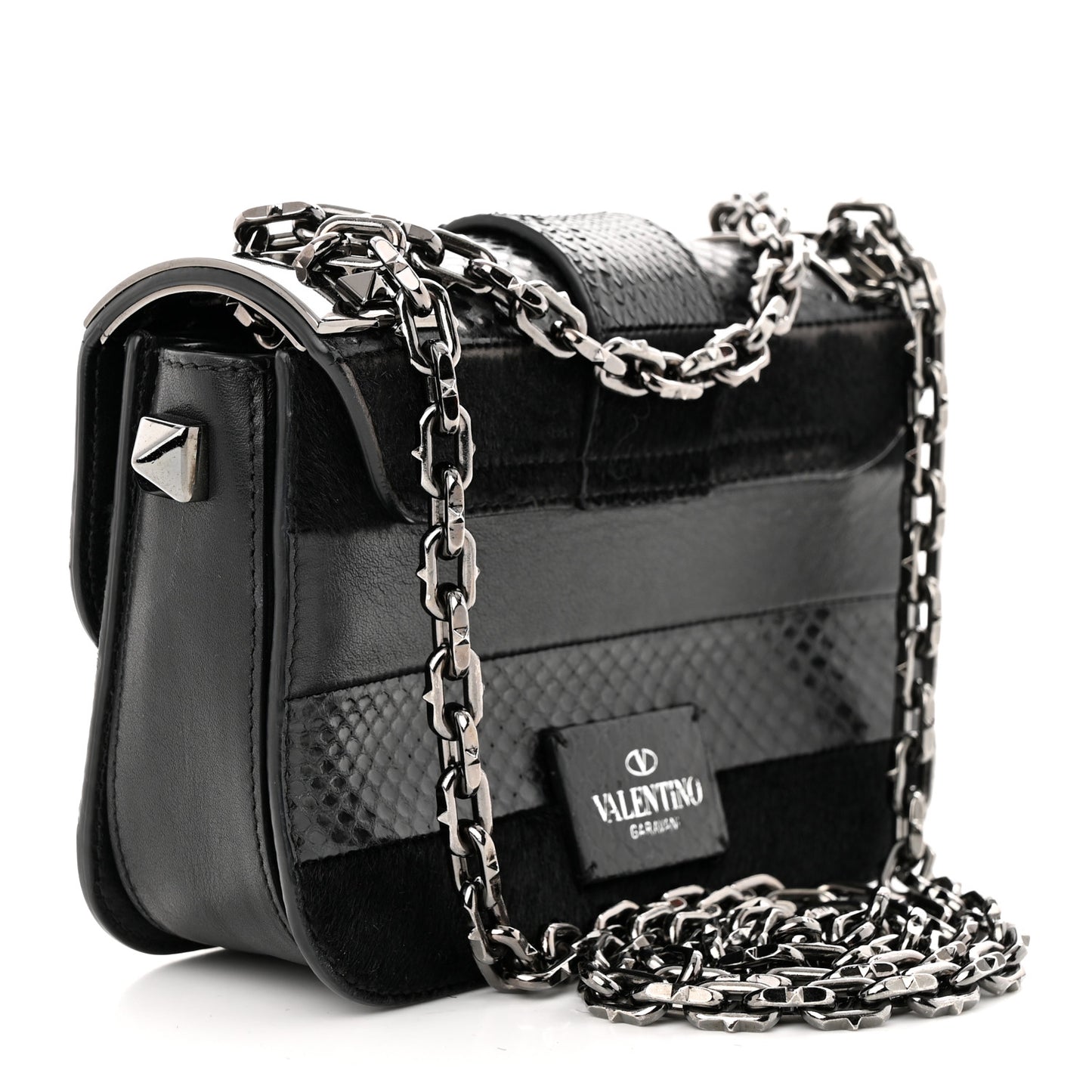 Snakeskin Embossed Vitello Calf Hair B-Rockstud Flap Black