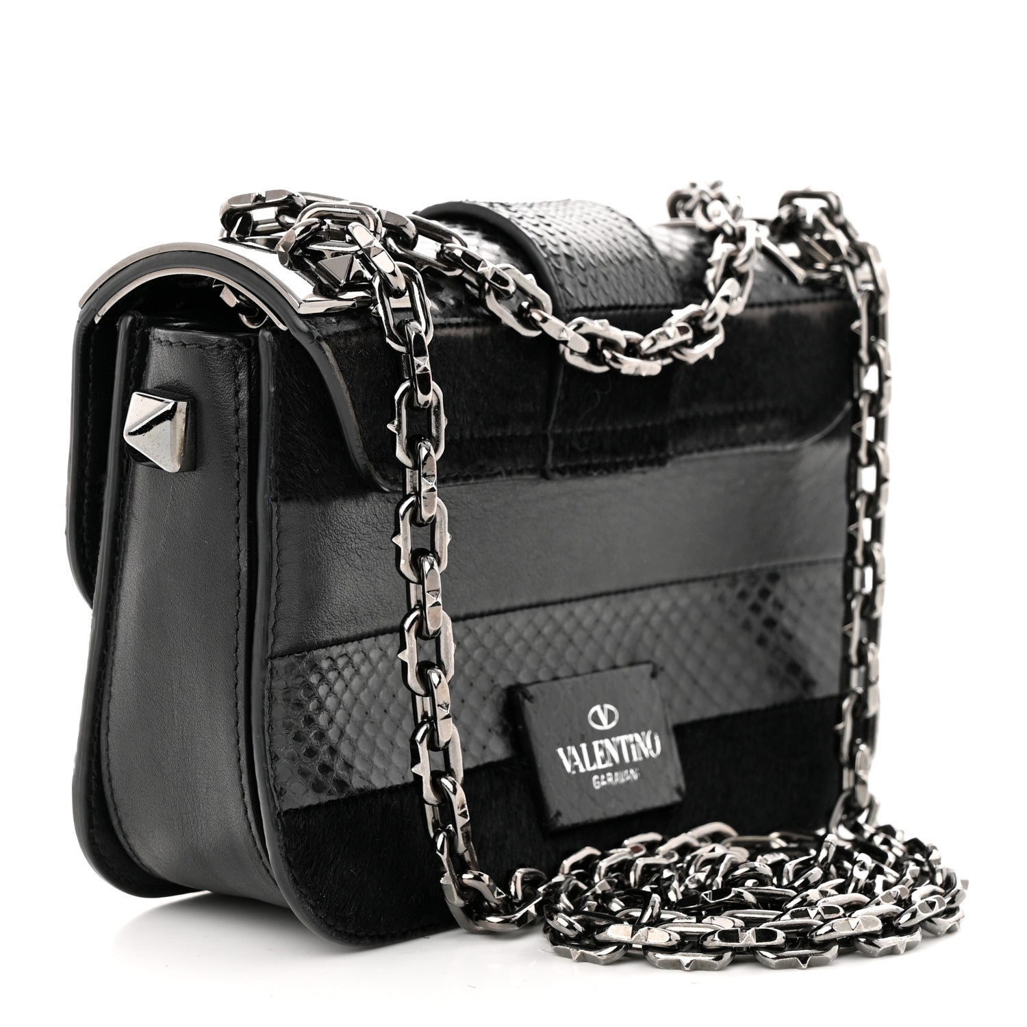 Valentino Garavani Snakeskin Embossed Vitello Calf Hair B-Rockstud Flap Black 2 of 11