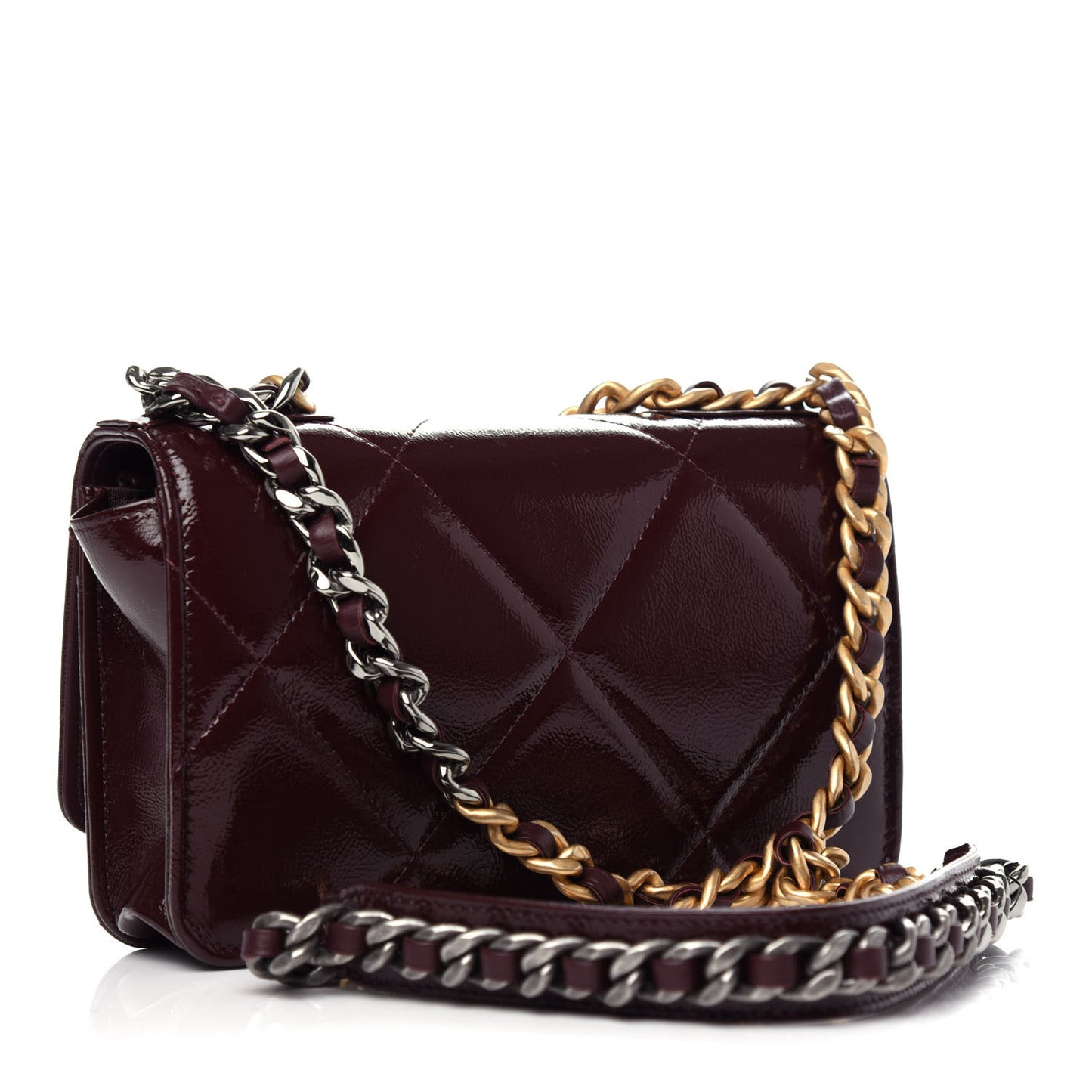 Shiny Crumpled Calfskin Quilted 19 Wallet On Chain WOC Burgundy